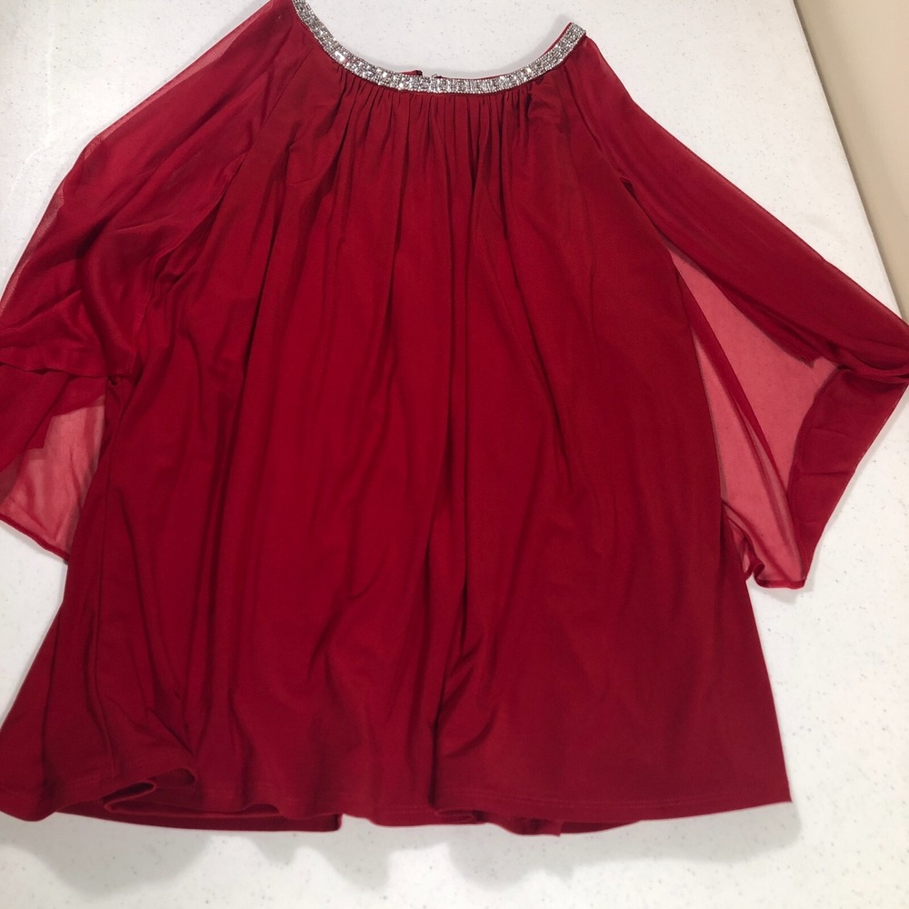 R&M Richards Women 2X Red Rhinestone Capelet‎ Chiffon Sheer Top Blouse Holiday